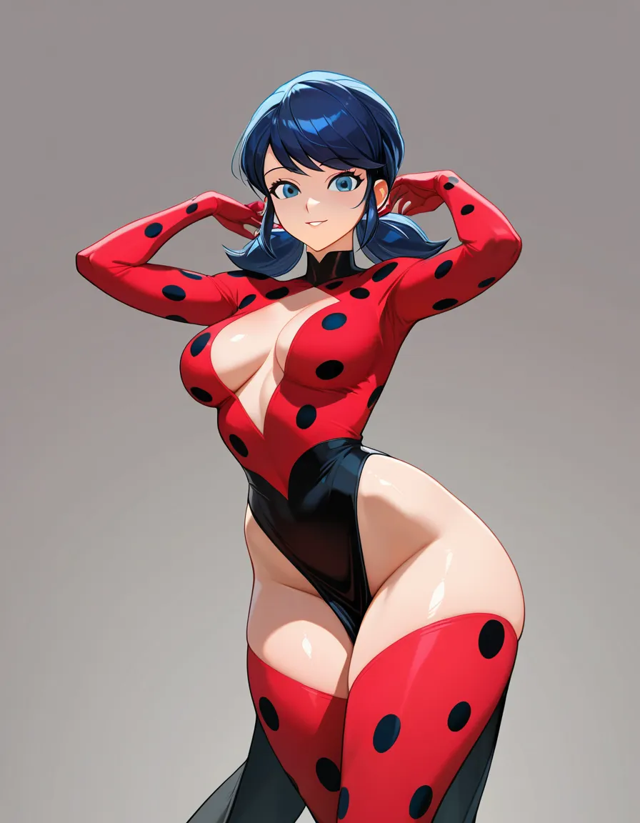 (a magnificent, alluring woman, Marinette Dupain-Cheng from *Miraculous: Tales of Ladybug & Noir*, beautiful face, beautiful body, blue eyes: 1.2), plunging neckline, waist, full thighs, perfect body proportions, voluptuous and perfect body, voluptuous, extremely beautiful, absolutely stunning and alluring, woman of great beauty, standing near a doorway, bedroom, night, dark background, dark room, shy demeanor, biting her lip seductively, seductive_smile , alluring look, perfectly defined face, detailed face, perfectly drawn eyes, detailed eyes, detailed hair, ultra-detailed, photorealistic, perfectly defined cleavage, very generous bust, suggestive choker, perfect bust, low-angle shot, ultra-detailed, 4K, score_9, score_8, 3d render, octane render, subsurface scattering, ray tracing, smooth shading