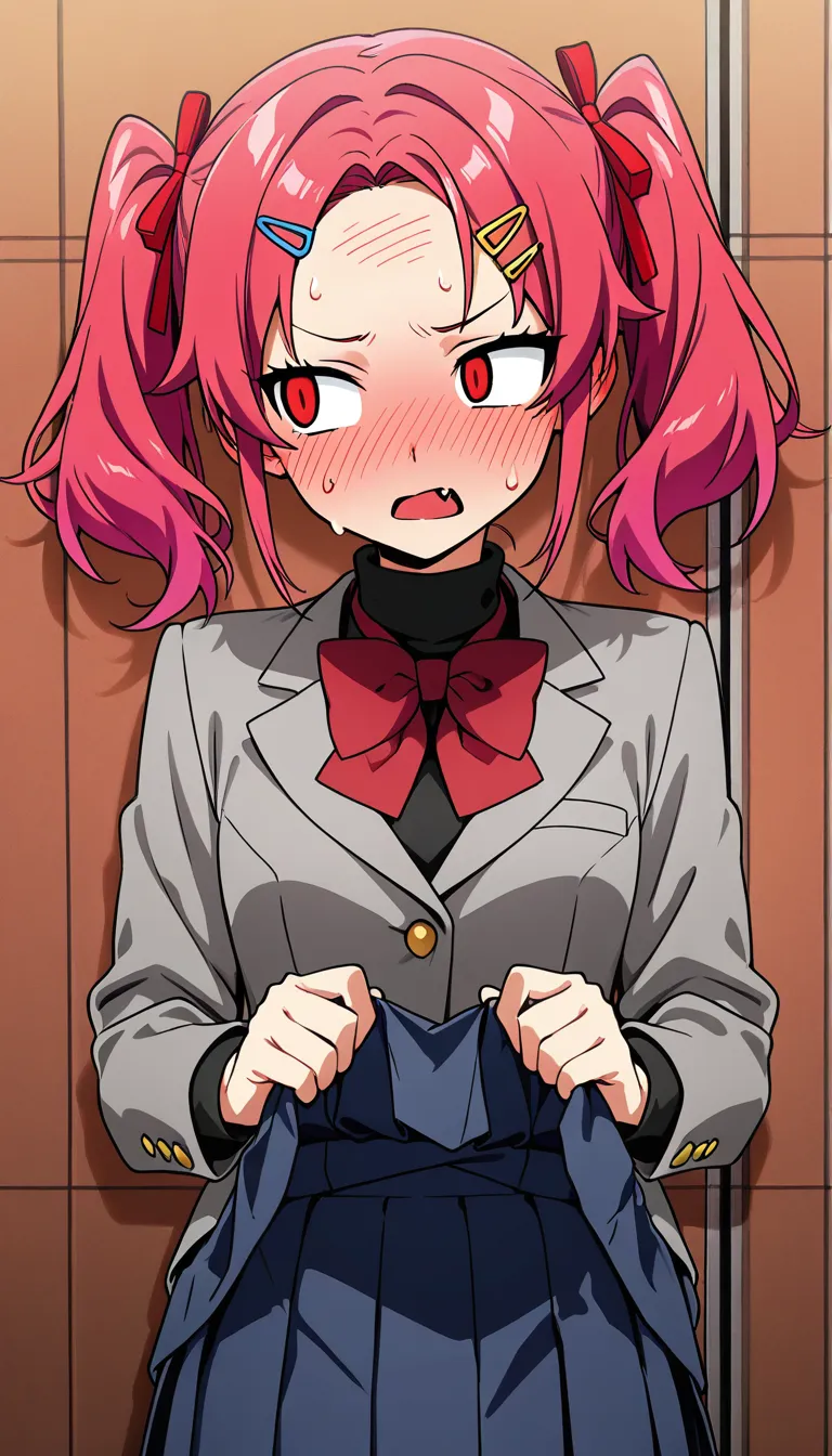 anime style, 2D illustration, girl with short pink hair in twin tails tied with red ribbons, red hair clips on forehead, large expressive eyes looking to the side, heavy blush, small open mouth with fang, sweat drop, black turtleneck, grey school blazer with yellow buttons, red bow tie, blue skirt lifted up, no panties, extremely large thick veiny erect penis pointing up and to the right, pink and light blue horizontal striped long sock/condom covering the shaft and balls with the tip exposed, one hand visible at the side with open palm, white background, low angle view, detailed, clean lines