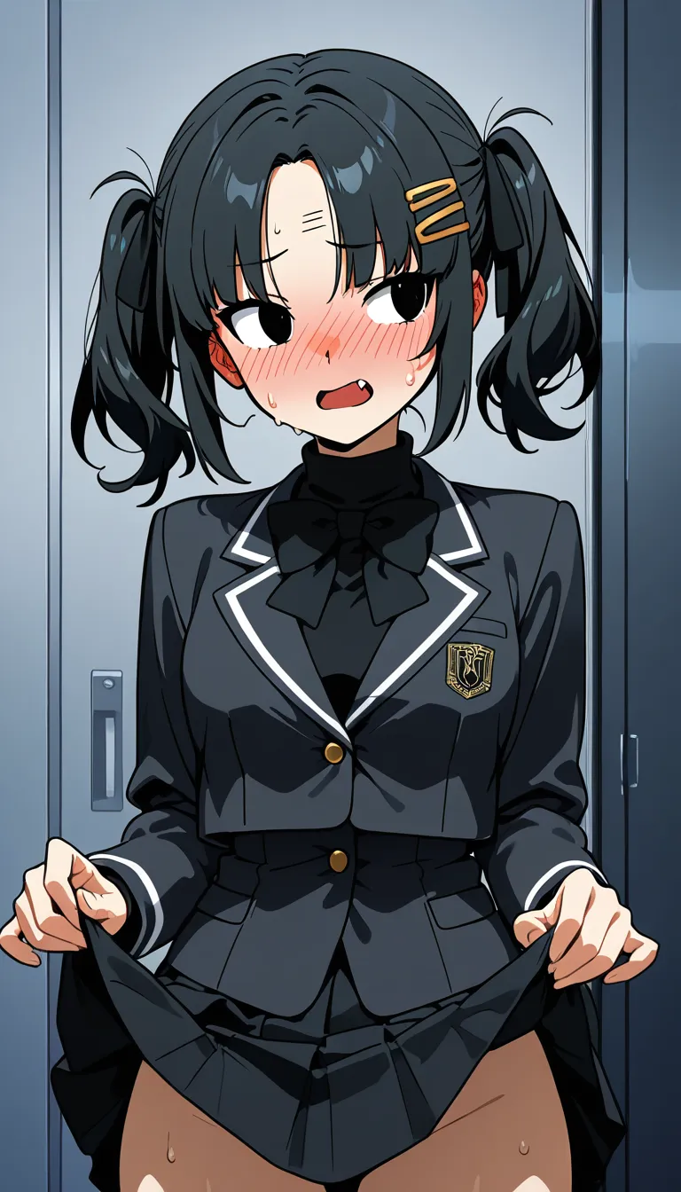 anime style, 2D illustration, girl with short black hair in twin tails tied with black ribbons, black hair clips on forehead, large expressive black eyes looking to the side, heavy blush, small open mouth with fang, sweat drop, black turtleneck, black school blazer with dark buttons, black bow tie, black skirt lifted up, no panties, extremely large thick veiny erect penis pointing up and to the right, pink and light blue horizontal striped long sock/condom covering the shaft and balls with the tip exposed, one hand visible at the side with open palm, white background, low angle view, detailed, clean lines