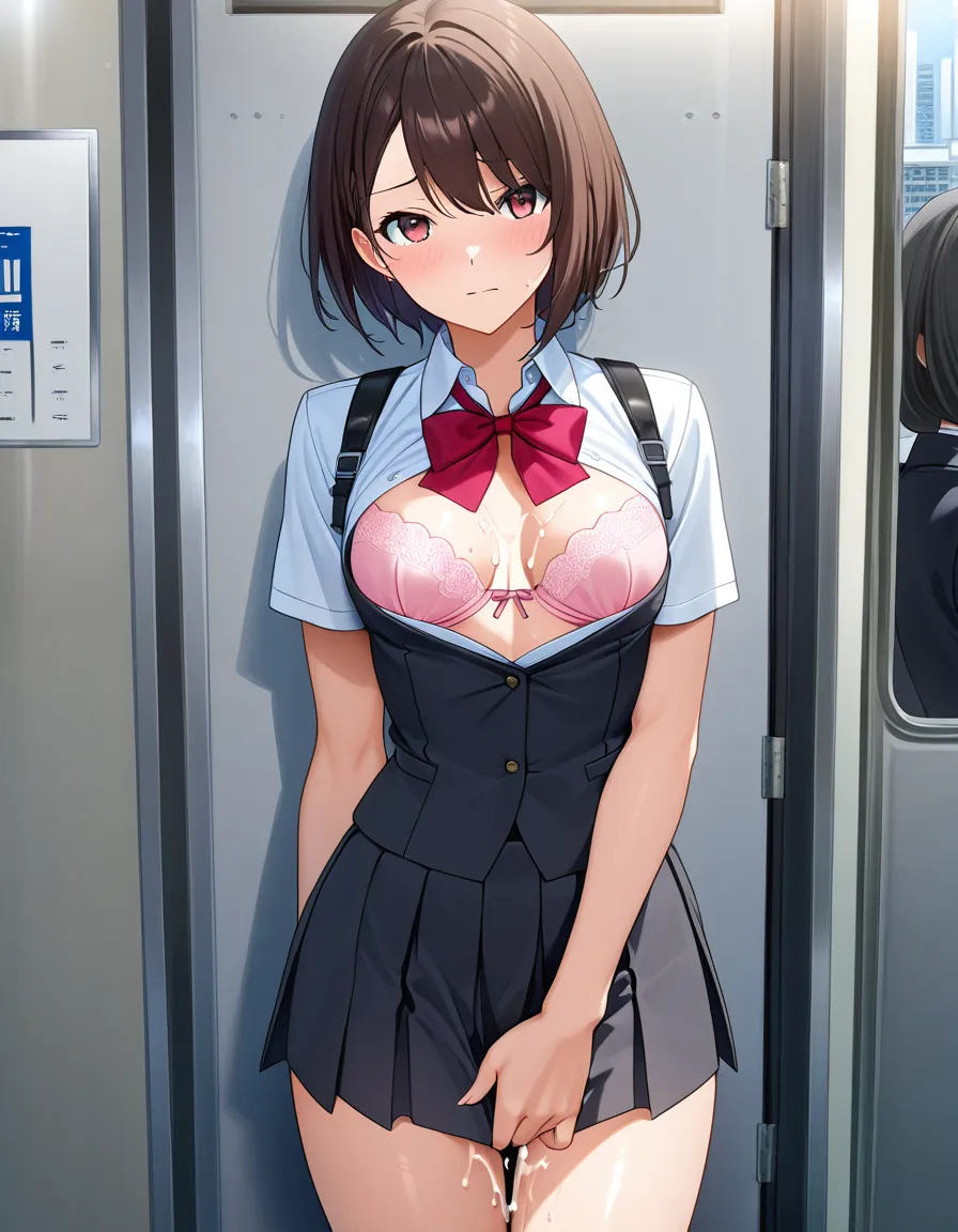 short_hair lost_bet 18yo unbuttoned bra_lowered standing  looking_at_viewer obedient awkward covering_crotch school_uniform small_breasts  public_indecency, feminine girly 1girl, cum_on_breasts, hentai_studio_quality