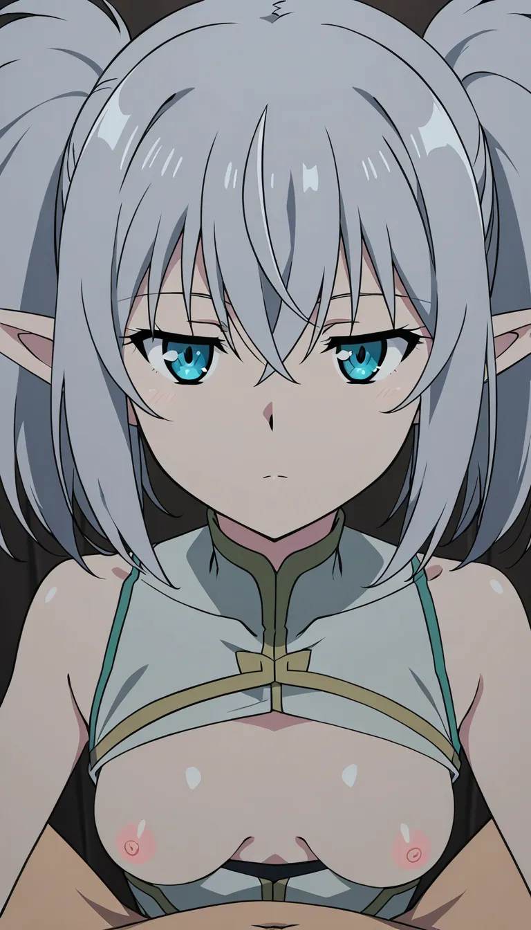 Small silver haired elf woman with short_twintails having sex with a man camera set to pov, small breasts out with the tounge out and expressionless