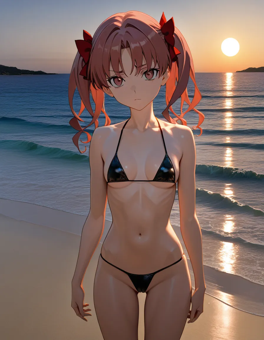 @shirai_kuroko, sharp_focus best_lighting highres masterpiece, black micro_bikini, cleft_of_venus, hentai_studio_quality, beach, 1girl, solo_focus, full_body, looking_at_viewer, straight-on, hentai_studio_quality