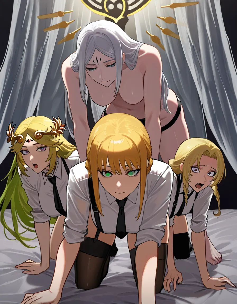 4girls , Best_quality  highly_detailed, kiss wide_shot parralel_play,  from_side  (Salem_(rwby)-white_hair) strap-on doggystyle (@sailor_venus-blonde_hair-all_fours-scared) , @makima_(chainsaw_man) bent_over strap-on @palutena , yuri sex , wrestling_ring wrestling defeated, pussy_juice orgasm sweat nude,, ahegao scratches,,,,, hentai_studio_quality, hentai_studio_quality