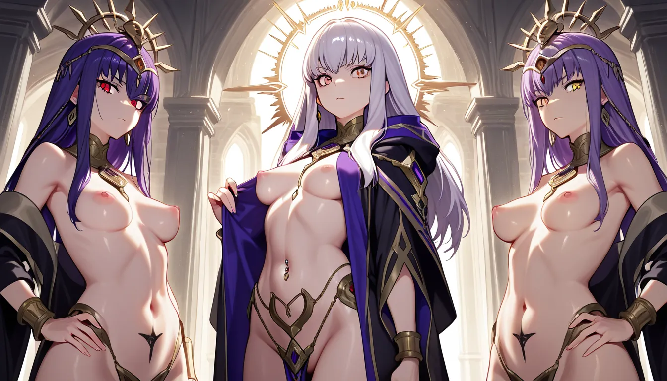 Ancient deities with smooth peach skin and vivid purple hair. Aethelgard possesses piercing yellow eyes; Lysithea has deep red eyes. Both possess mature, curvaceous figures with heavy, perky breasts and a penchant for discarding their robes