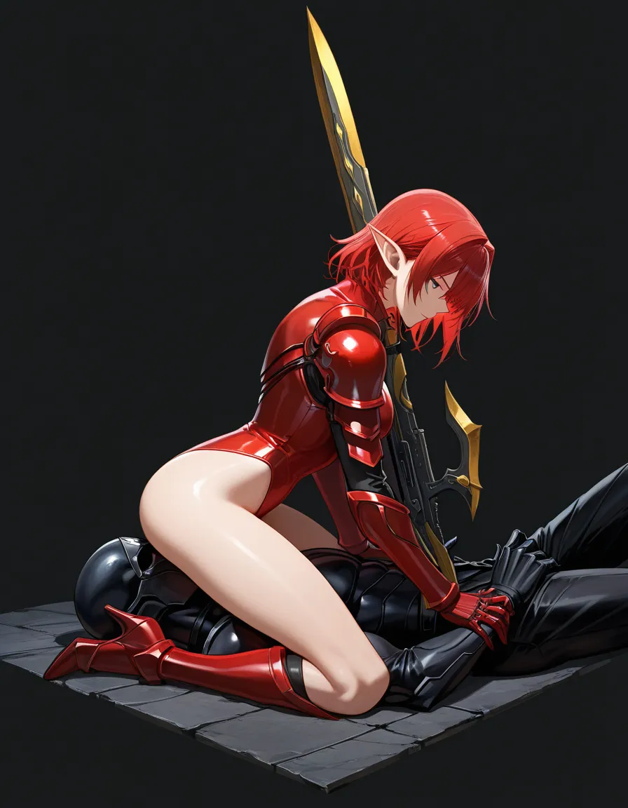 ultra detailed shading, 1boy, pointy ears, weapon, 69 position, black background, visual novel art, hentai_studio_quality