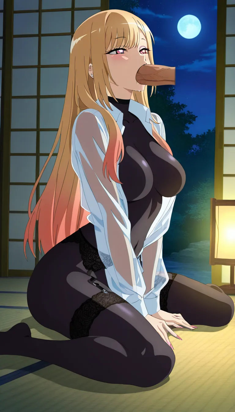 @kitagawa_marin ,18+ anime art style, hourglass figure, perfect figure,tight waist,, black stoking bodysuit , garter belt, open Unfastened white long see-through shirt, wariza , mouth intercourse, huge penis inside mouth. deep mouth peentration, night, night moon soft smooth dim lamp warm light right side. nude muscular man with huge oversized dick,muscular man with huge dick fuck her mouth, man pov view, no shoes, she looking at man, seductive_smile, cum mouth drip, mouth cum overflow, her hands on her belly,, hentai_studio_quality