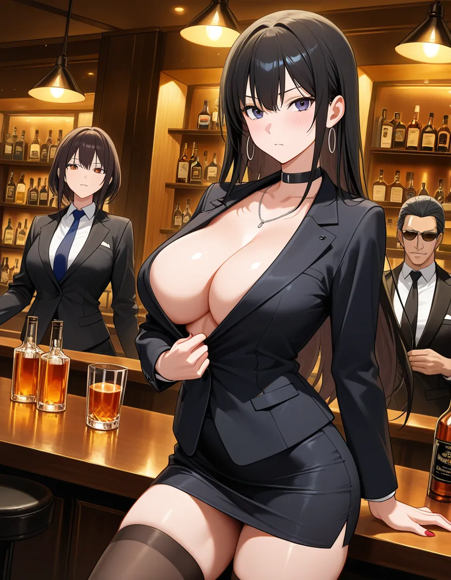 ('4girls, bar, flashing) Four college women flashing their breasts and pussies towards the bartender. All look different., hentai_studio_quality
