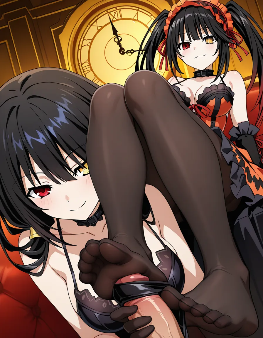 masterpiece, best quality, highly detailed, anime style, Tokisaki Kurumi from Date A Live, long black hair with red tips, heterochromia red and golden clock eye, beautiful face, seductive expression, wearing black pantyhose, feet focused, footjob, soles and toes wrapping around penis, detailed pantyhose, hentai_studio_quality, hentai_studio_quality, hentai_studio_quality, (anime style:1.3), 2d, anime screencap, cel shading, flat color