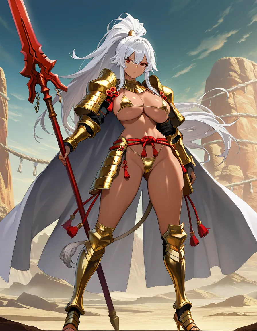Masterpiece, detailed anime illustration, 1girl, voluptuous, dark skin, red eyes, white hair, silver hair, long hair, huge high ponytail, lion tail. Wearing gold metallic micro bikini, detailed gold and white armor on shoulders and legs, intricate armor plates, red tassels, shimenawa rope accents. Holding a large fantasy polearm, red blade glaive, combat pose, action stance, dynamic pose. Dark dense jungle background, moon light filtering through trees, shadows, cinematic lighting, epic fantasy art style., hentai_studio_quality ,戦国RENKA ,武田信玄, hentai_studio_quality