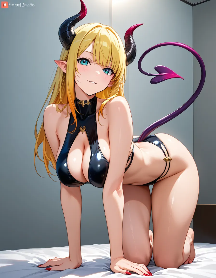 highres, vivid, succubus, breasts, swimsuit, on all fours, hentai style, hentai_studio_quality