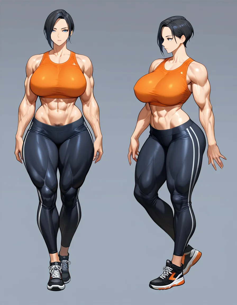 1girl mature_female female muscular_female crop_top  no_panties sneakers curvy pubic_hair large_pectorals large_breasts wide_hips thick_thighs short_hair black_hair blue_eyes hentai_studio_quality, hentai_studio_quality