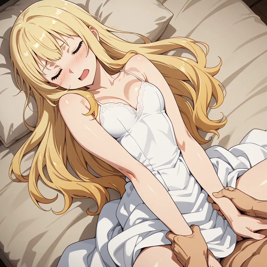best quality, fair skin, blonde, white princess dress, missionary, cute,, anime style