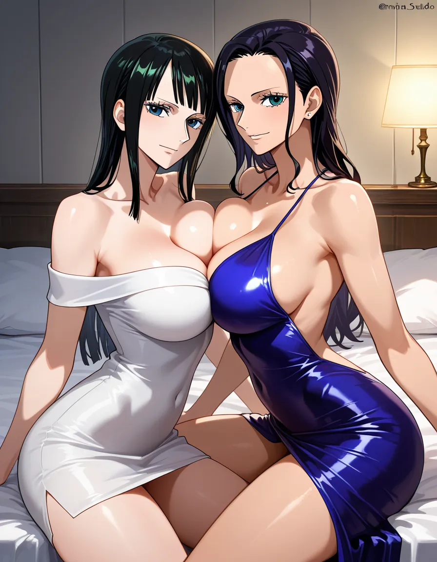 2girls @nami_(one_piece) @nico_robin symmetrical_docking short_dress, hentai_studio_quality