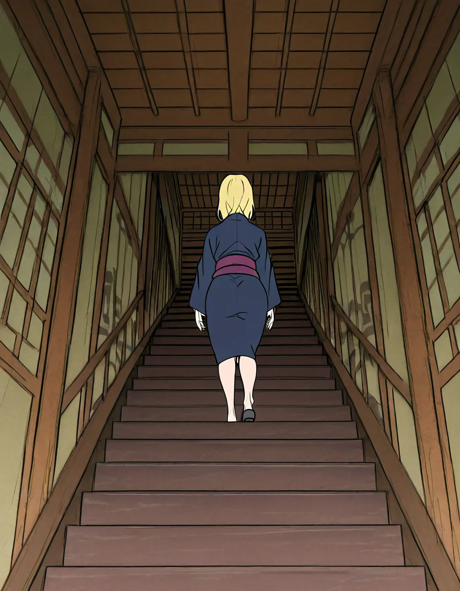 First-person point of view from Subaru Natsuki’s eyes.
Tsunade from Naruto is walking up a wooden staircase ahead, showing the way to a room inside a traditional Japanese house from Dandadan. The view is focused on her large fat ass as she walks up the stairs.
Simple clean anime style with bold black outlines, flat colors, and minimal shading
Tsunade has long blonde hair, very large breasts, large fat ass, and large areola. She is wearing her green jacket outfit (tight around the hips), walking up the stairs in front of the viewer.
Only Subaru’s perspective is shown — no full body of Subaru visible, just the view of Tsunade’s backside and the staircase ahead.
Wooden staircase and traditional Japanese interior with Dandadan atmosphere, soft indoor lighting, clean composition, sharp clean lines, flat vibrant colors., (anime style:1.3), 2d, anime screencap, cel shading, flat color, @00osamio00