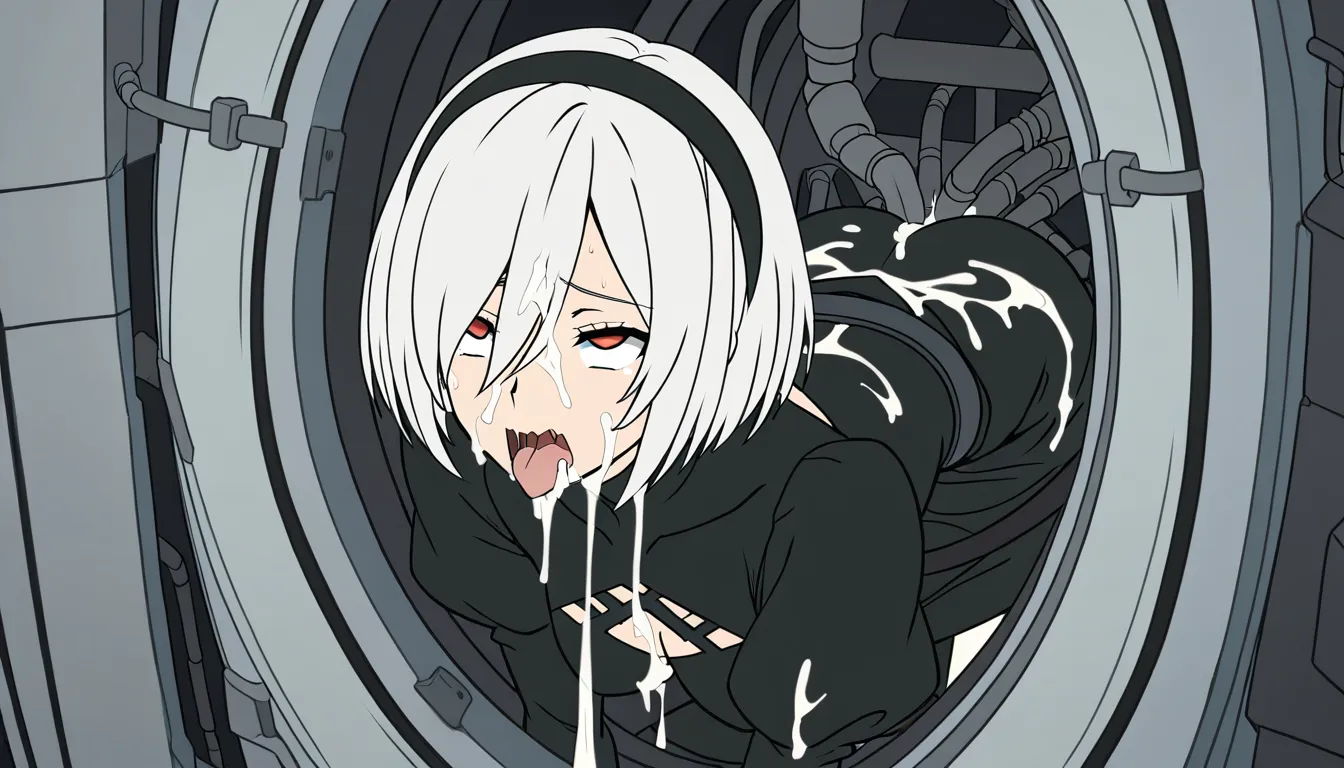 3d animation, 3d porn, yorha 2b, white bob cut, getting fucked doggystyle by a piston, ahegao, sloppy mouth, excessive cum, overflowing cum, cum on face, waist secured by metal clamp, trapped in a machine, dildo in pussy, functional nudity, 2b cosplay