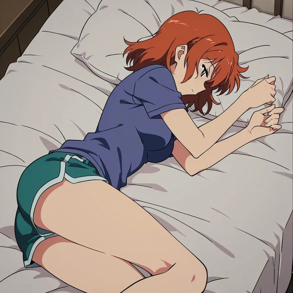 cinematic photo, 8k, 1girl, breasts, shorts, spooning, bed, side view, warm tones, lifelike render