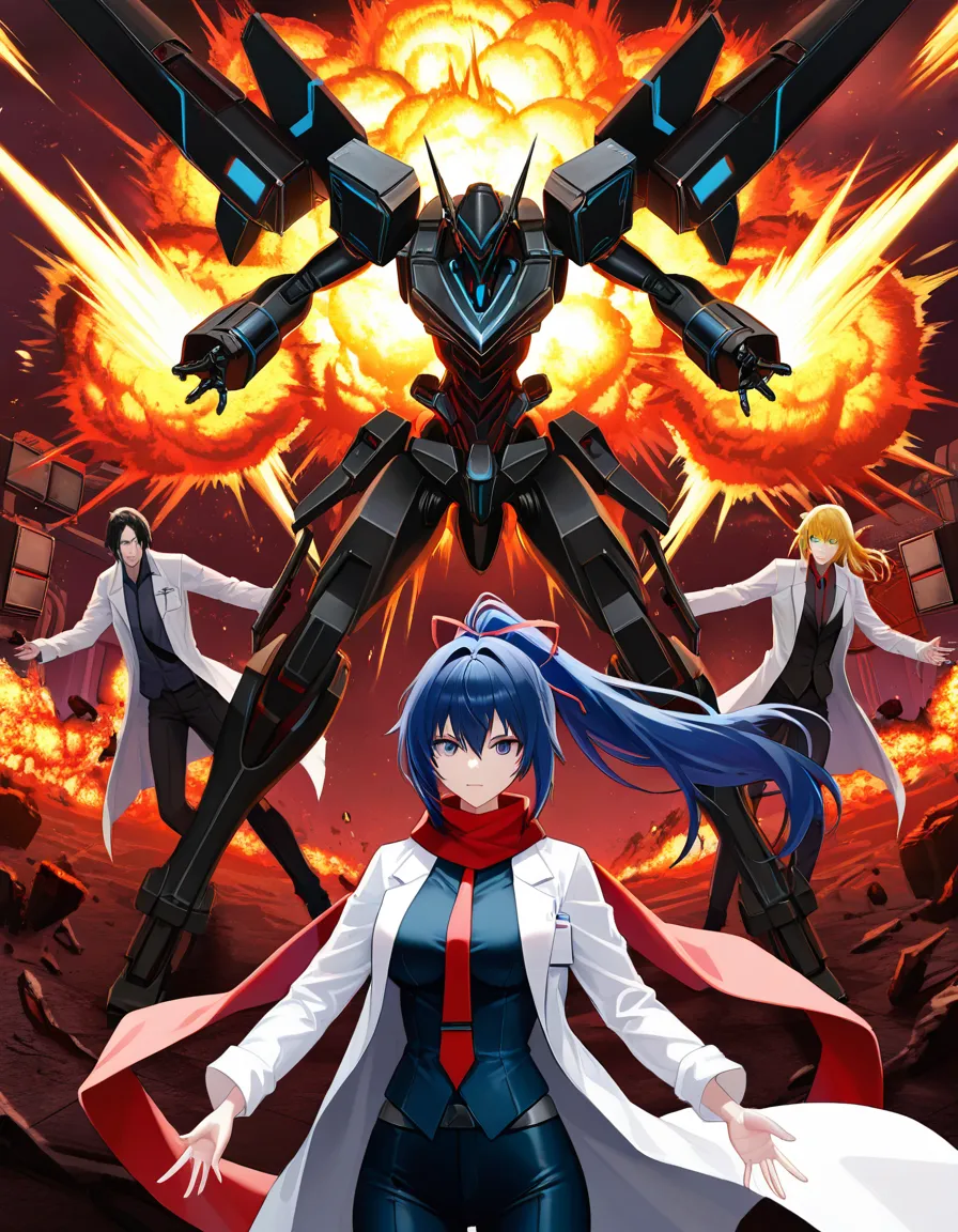 studio quality, sharp focus, ultra HD, lifelike, multiple girls, hair ribbon, necktie, sharp focus, 8k uhd, @makise_kurisu, full_body, lab_coat, science_fiction, red_scarf, time_machine, explosion, outstretched_arms, hentai_studio_quality, #6+boys, hentai_studio_quality