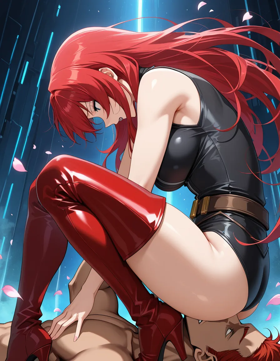 masterpiece, best quality, redhead woman, thigh boots, sleeveless, 69 position, petals, intense passion, anime style, hentai_studio_quality
