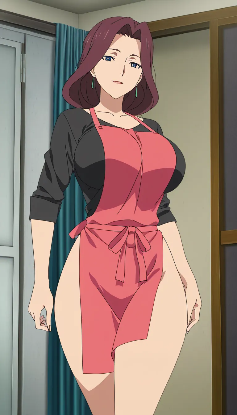 masterpiece, clean art, 1 girl, mature_female , milf , sexy, large_breasts , hentai, thick_thighs , just wearing apron, hentai_studio_quality, 2.5d, (anime style:1.3), 2d, anime screencap, cel shading, flat color