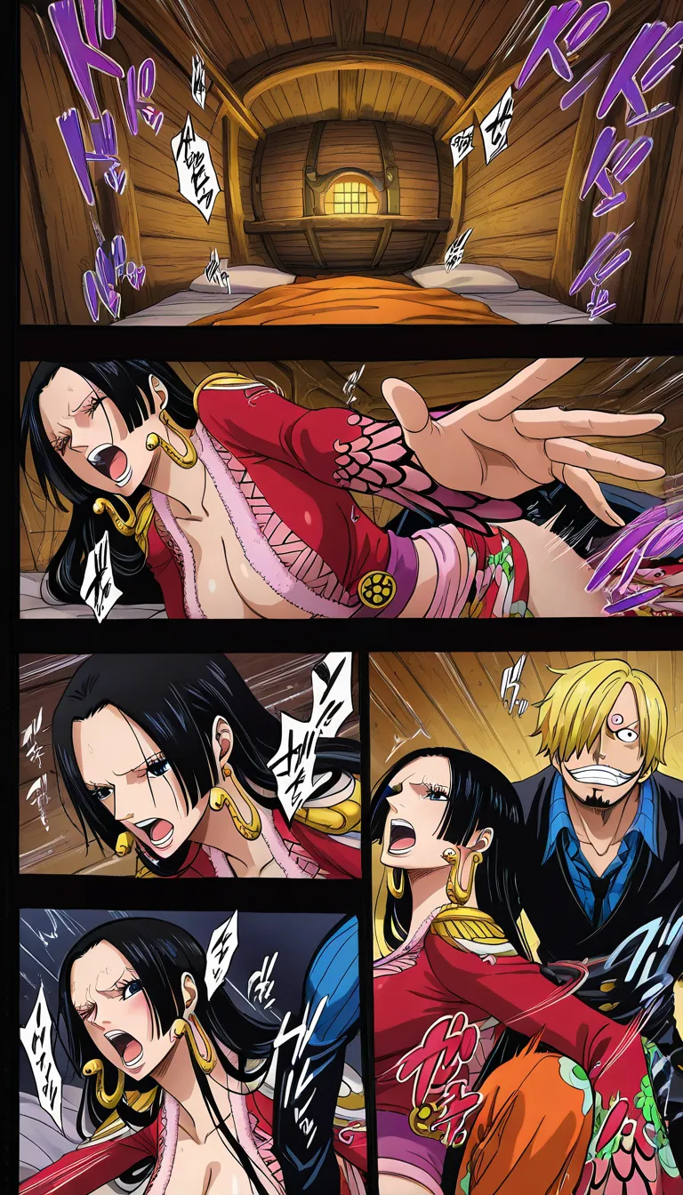 ((masterpiece, best quality, ultra-detailed, One Piece, official art, manga style, full color, Sanji, Boa Hancock)), varied panel layout, male fucking female, assertive male grinning, female reaching the peak of pleasure, on a bed in a dimly lit ship cabin, motion lines, speed lines, Japanese sound effects, Japanese speech bubbles, hentai_studio_quality