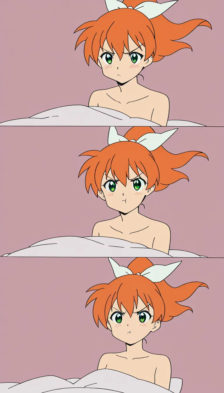 Anime girl with long reddish-orange hair in a high ponytail tied with a large white ribbon, bright green eyes, soft blush on her cheeks, frowning and pouting while trying to look angry but still looking very cute and pretty. She is sitting on a bed, leaning slightly forward. She wears a pink bikini top, a short light blue pleated skirt, and white thigh-high stockings. Thick white milk is spilled all over her body, dripping from her hair, face, chest, stomach, skirt and stockings. Soft warm lighting. Cozy modern bedroom background with a bed, wooden furniture, soft pillows, a window with curtains, and gentle afternoon light. High quality anime style, detailed, clean lineart, vibrant colors.