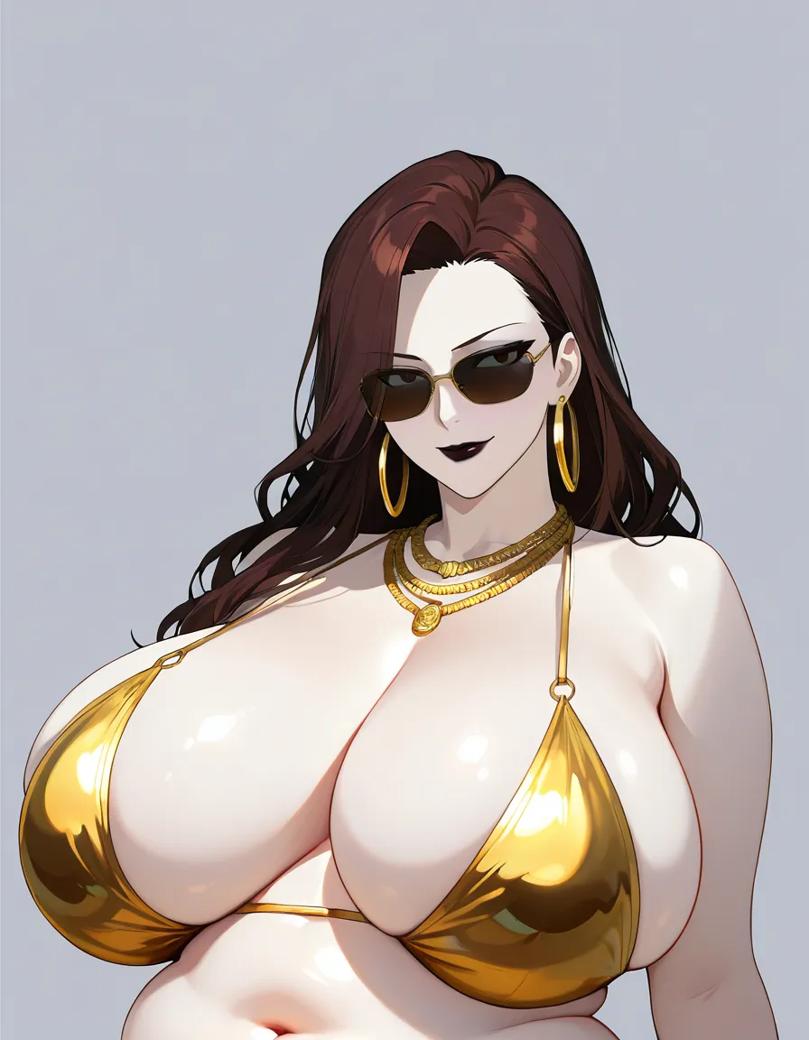 Clean anime style illustration, soft detailed shading, pure white background. Beautiful pale skin woman , long dark brown hair, sunglasses resting on top of her head, large gold hoop earrings, layered gold necklaces, dark lipstick, relaxed confident expression looking slightly to the side.
extremely massive soft heavy physique with enormous breasts that hang and rest with realistic gravity, very large multi-layered soft belly with deep heavy rolls and folds that spill outward, extremely thick soft arms, vast wide hips, and massive heavy thighs with realistic weight, sag, and soft tissue distribution. The rest of the image (face, hair, outfit, pose, chair) stays the same as the previous version.
Wearing a tight black micro bikini top stretched tightly over her huge chest and a black thong style bottom. Reclining on a wicker chair with pillows, one arm resting on the chair back. Highly detailed, strong realistic gravity and weight on the ultra-heavy soft body only., hentai_studio_quality, hentai_studio_quality, hentai_studio_quality