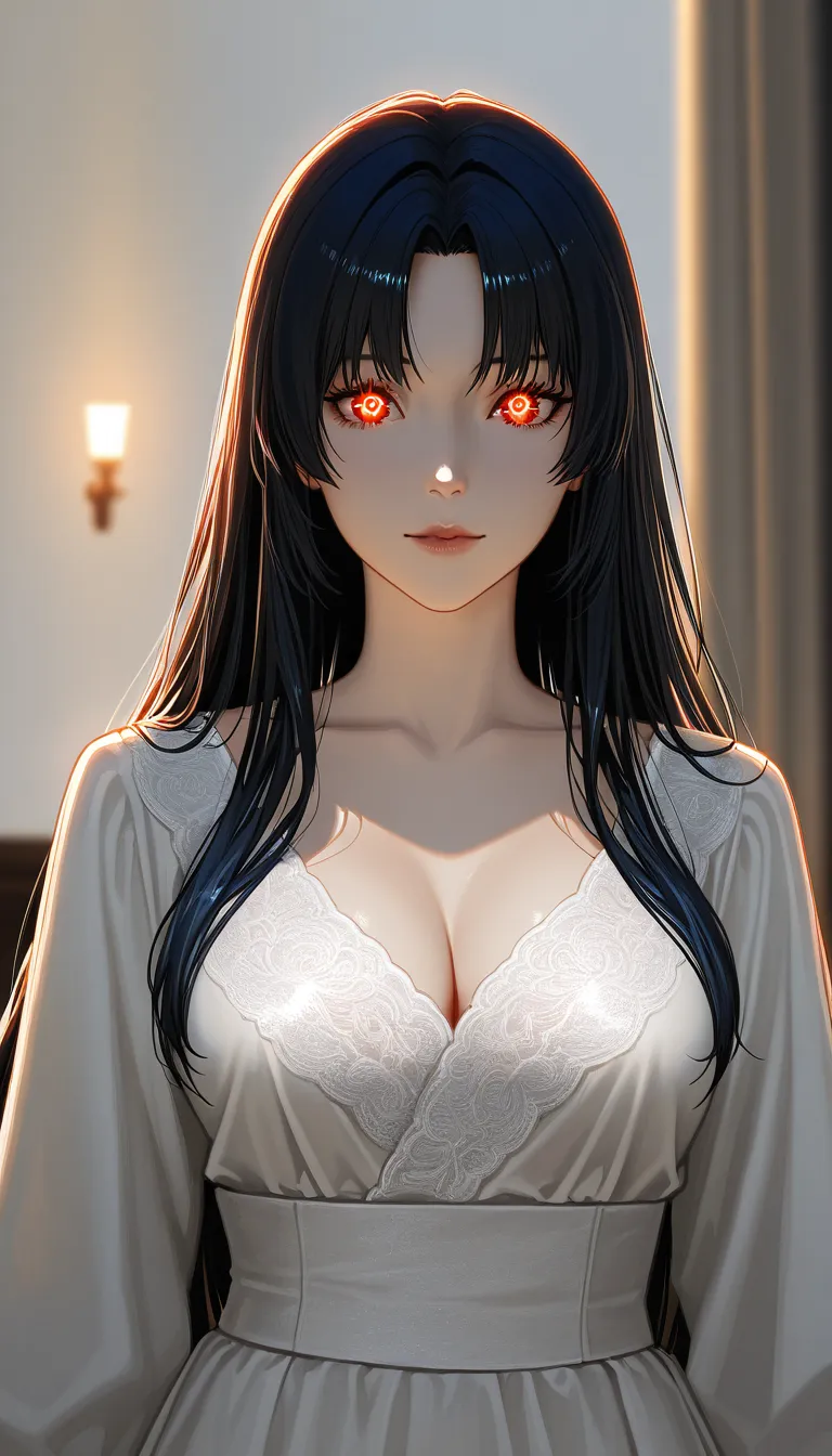 high-end modern anime illustration, semi-realistic anime rendering, delicate facial anatomy, detailed hair strands, expressive luminous eyes, subtle skin shading, cinematic lighting, realistic environmental details, elegant composition, soft depth of field, refined color grading, intricate clothing details, premium visual-novel character artist_self-insert parted_bangs penis vaginal pussy_juice sex on_bed