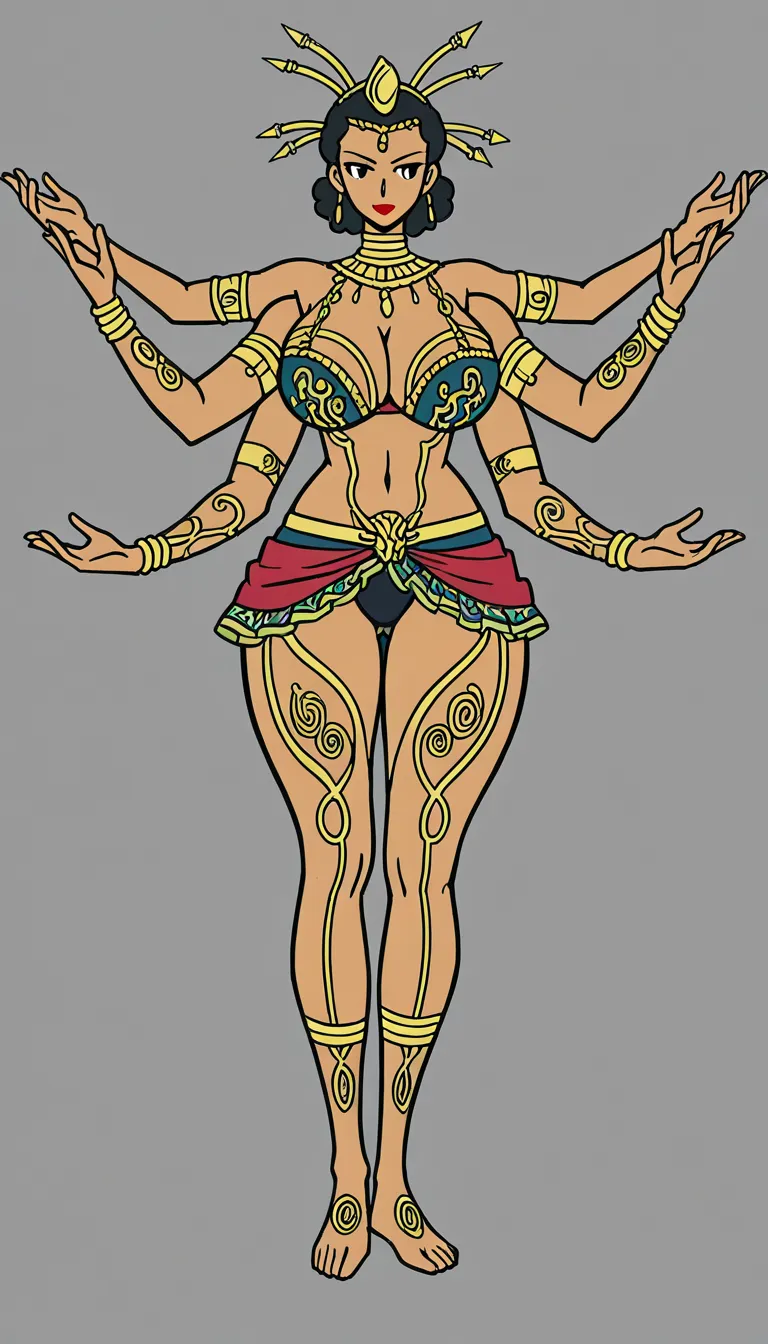 1 Adult Mother Goddess with multiple arms, ethnicity Hindu, Bengali, Indian, red lipstick, symmetrical body anatomy, Big chest, Thick thighs and arms, thick pelvis, Bra with intricate patterns and baggy mini skirt with curls and frills, upskirt , Adorned Heavily in Indian Ornaments, black almond shaped eyes with fine long eyelashes, eyeliner , Dupatta over head, long black_hair with midpart hairstyle, POV Sex, Straddling cowgirl_position , Having sex with viewer, big Mukut Crown, devine radiance, Calm and Graceful Expression, confident smile with hooded eyes, flowers around in Symmetrical order, holding flowers, floral necklace, geometric shape art style with flat 2d colors,