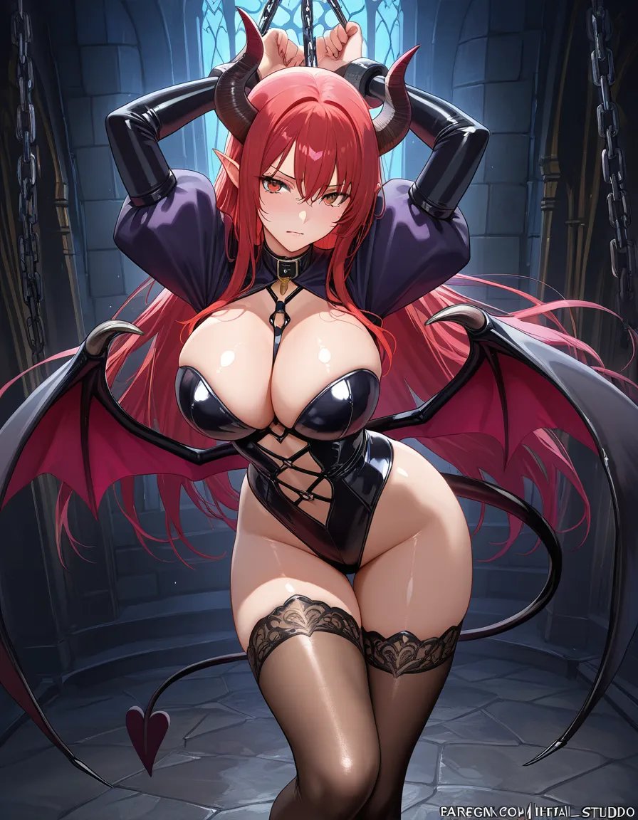 masterpiece, best quality, succubus, shiny skin, puffy sleeves, bondage, smoldering look, visual novel art, hentai_studio_quality