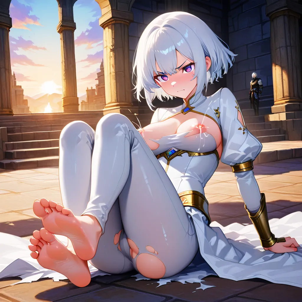 vibrant fantasy setting, Busty_Lactating, (tall human_female:1.1), princess, detailed short hair, silver-white_hair, hair with bangs, barefoot and feetsoles, (initially_arrogant_female:1.1), pixiv artstyle, expressive purple_eyes, torn_clothes, (angry:1.2), torn_clothes, crying, soft cel shading, restrained , vaginal intercourse, tiny_man, extreme ahegao, heart-shaped_pupils, royal bedroom , doggystyle , ass slapping, hands around another's neck,, hentai_studio_quality, hentai_studio_quality