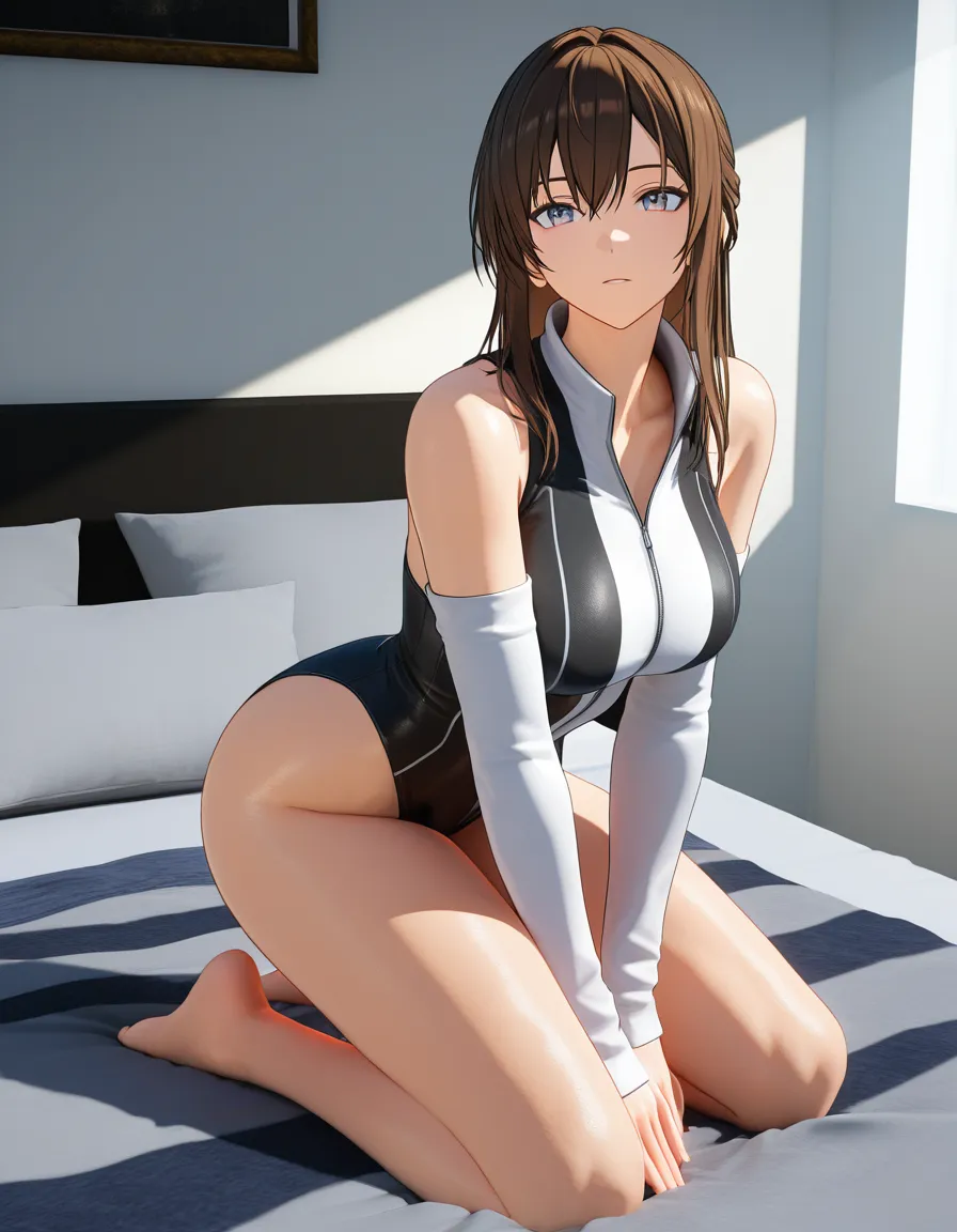 ultra detailed shading, brunette woman, barefoot, detached sleeves, kneeling on bed, smoldering look, doujin style, score_9, score_8, 3d render, octane render, subsurface scattering, ray tracing, smooth shading