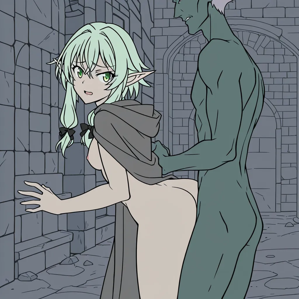High Elf Archer from GOBLIN SLAYER, Adult woman, medium breast, medium ass, slender body, adult_proportions, adult_face, adult_female, mature_face, looking back, hooded cape, fugitive, city gate, 
stone gate, sex_from_behind , against_wall , ahegao