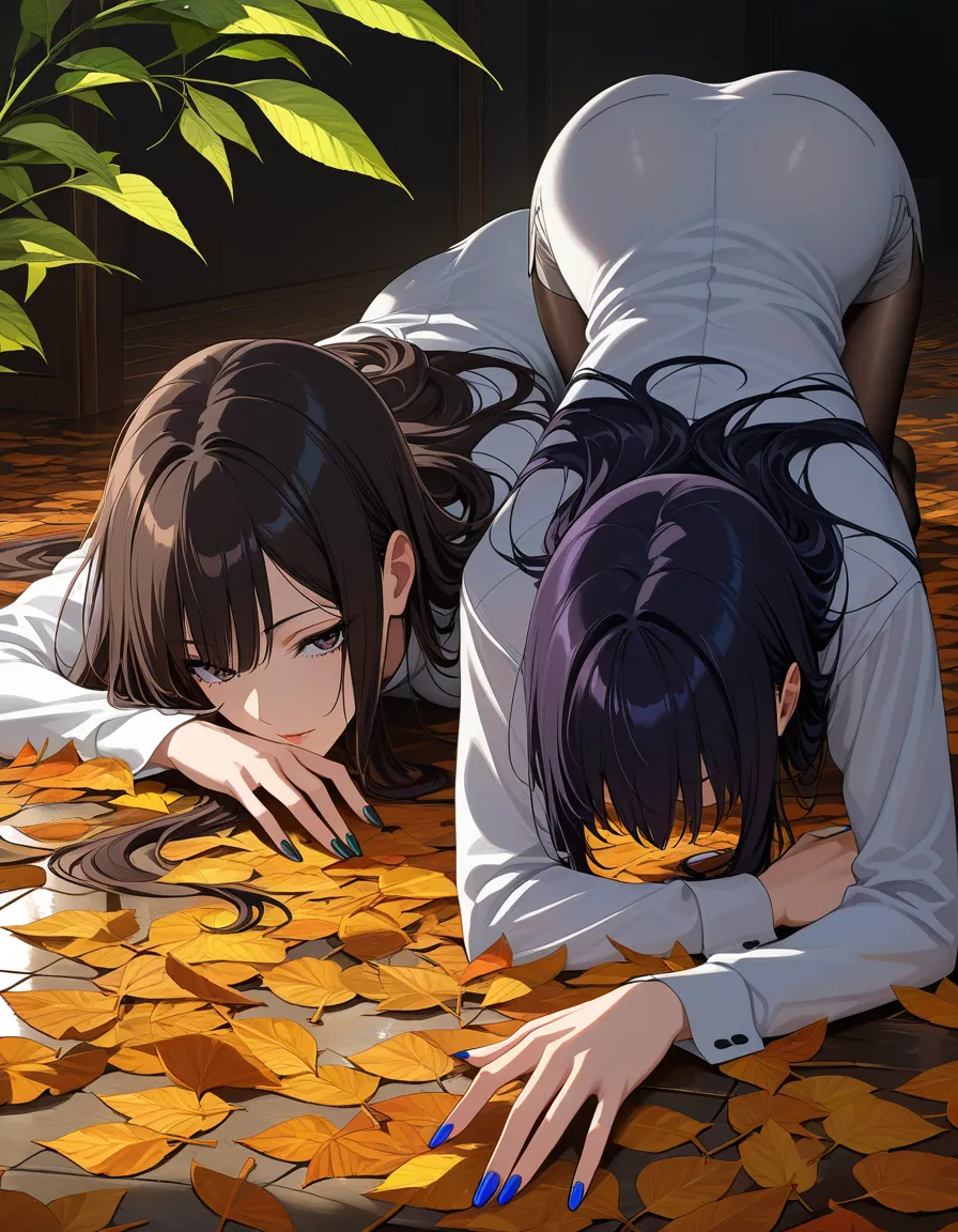 highres, vivid, 2girls, nail polish, long sleeves, on all fours, leaf, doujin style, hentai_studio_quality