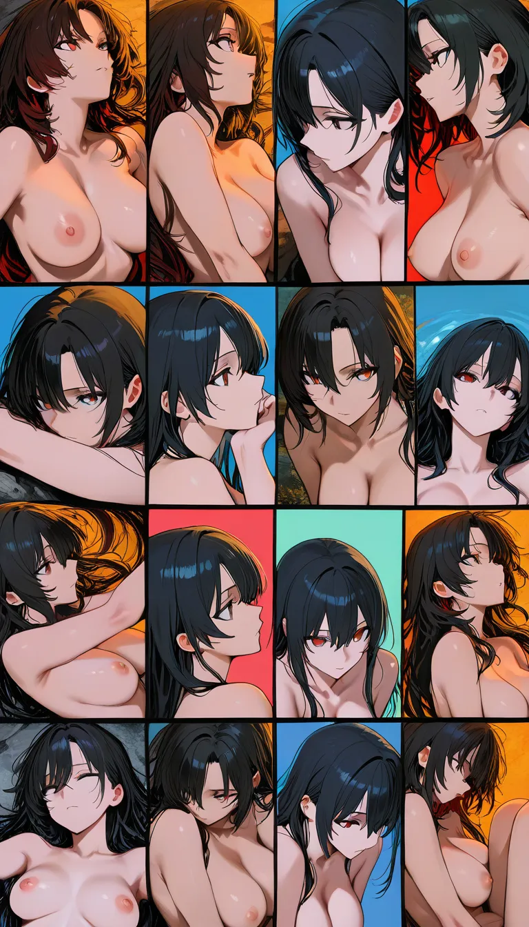 (masterpiece), (best quality), (ultra-detailed), fine texture details, full color, rich colors, sharp focus, natural skin tones, manga page, comic page, multi-panel layout, professional composition. A male student with black hair and a reserved, quiet appearance engages in sexual activity with multiple female students in various positions. He is highly virile, well-endowed, and assertive; he thrusts intensely, culminating in an internal ejaculation (creampie). He has sex with a brown-haired female student in the missionary position on the floor, with a green-haired female student in a standing doggy-style position, with a long-black-haired female student in a standing rear-entry position, and with a blonde female student while she is seated on a chair. The scene captures the peak of sexual pleasure. Set in a classroom after school. Includes Japanese sound effects and Japanese speech bubbles., hentai_studio_quality