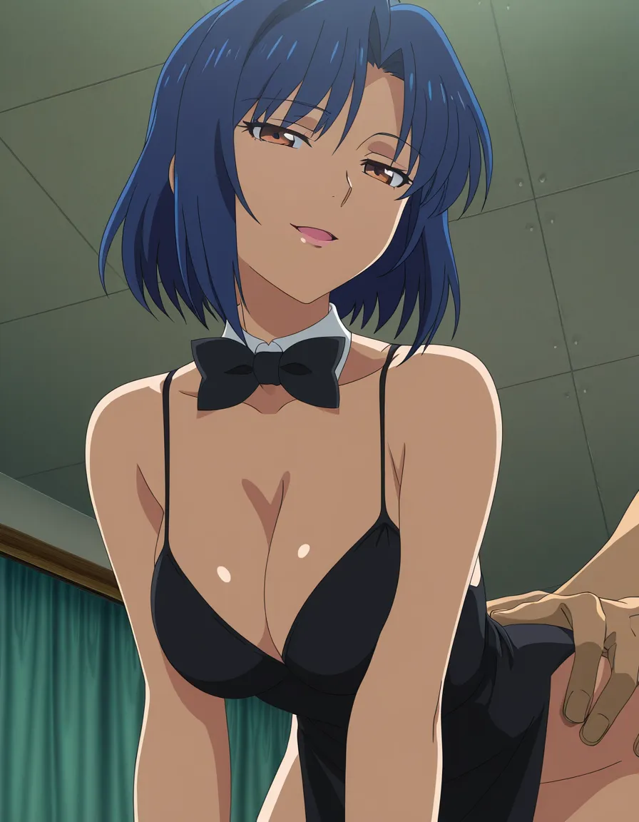 highly detailed, sharp, milf, bare shoulders, bowtie, doggy style, seductive look, visual novel art, (anime style:1.3), 2d, anime screencap, cel shading, flat color