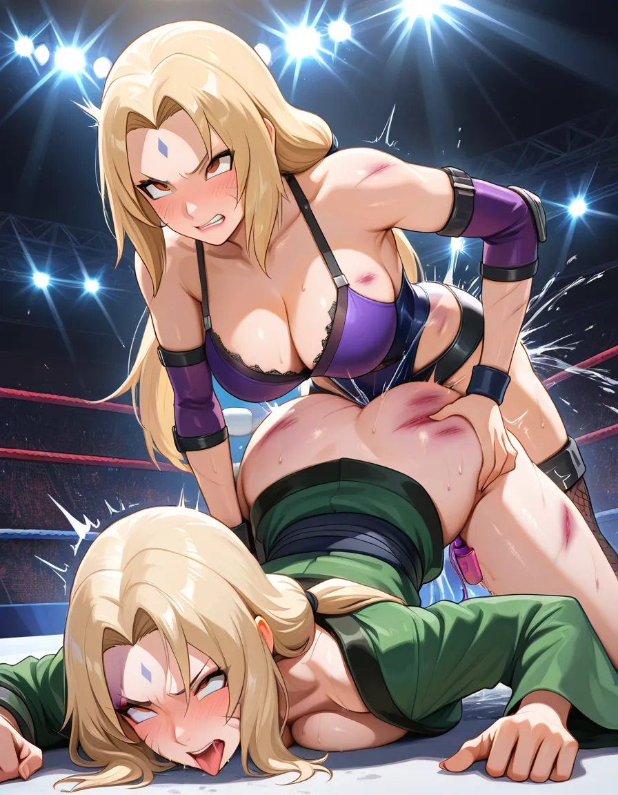 @tsunade_(naruto) ((@ahri_(league_of_legends) )), angry , yuri , wrestling, doggystyle , strapon, squirting , ahegao , bruised , defeated, piledriver_position, vibrator, vaginal_object_insertion. squirt, hentai_studio_quality