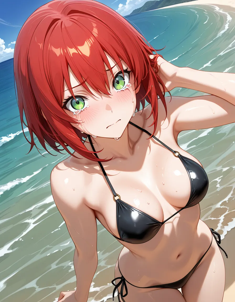 Red-haired, green-eyed Crying anime girl with small boobs in a sexy black Bikini on the Beach., hentai_studio_quality