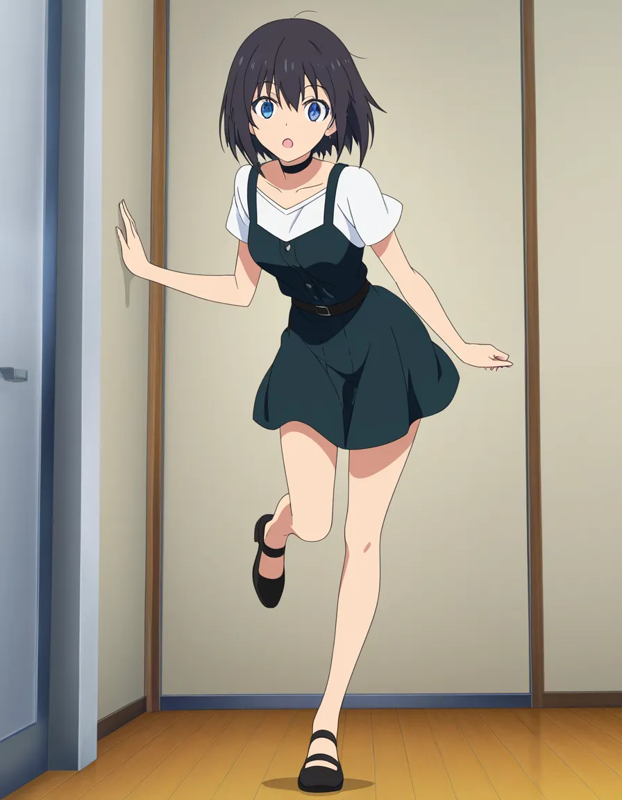 masterpiece, best quality, solo focus, choker, leg up, full body, hentai style, (anime style:1.3), 2d, anime screencap, cel shading, flat color, @00osamio00