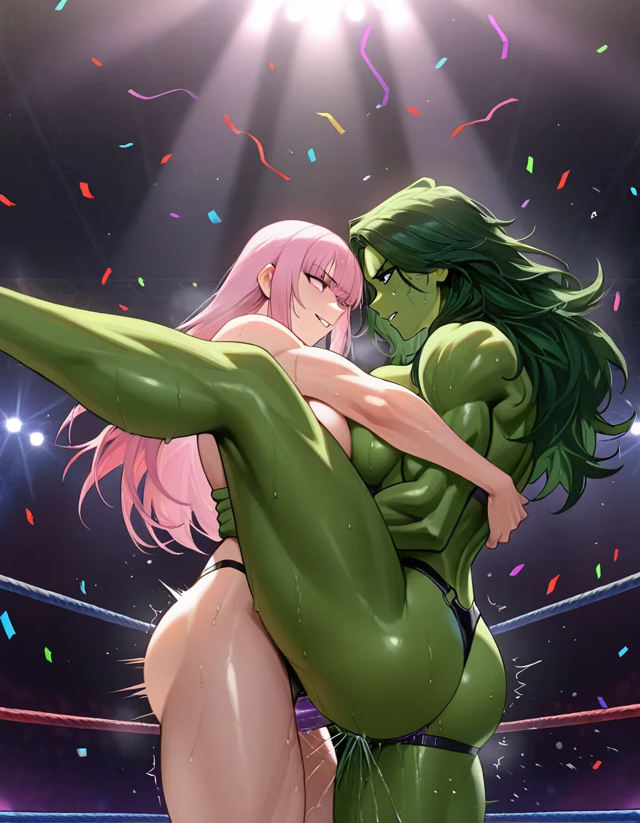 2girls , Best_quality, ultra_detailed, from_side , she-hulk , @mori_calliope-pink-hair,   yuri sex ,wrestling_ring wrestling defeated, pussy_juice squirting orgasm , sweat, standing_sex strap-on eye_contact,  suspended_congress anal ,  legs_up breast_press lifted confetti nude,, kiss, scratches, hentai_studio_quality