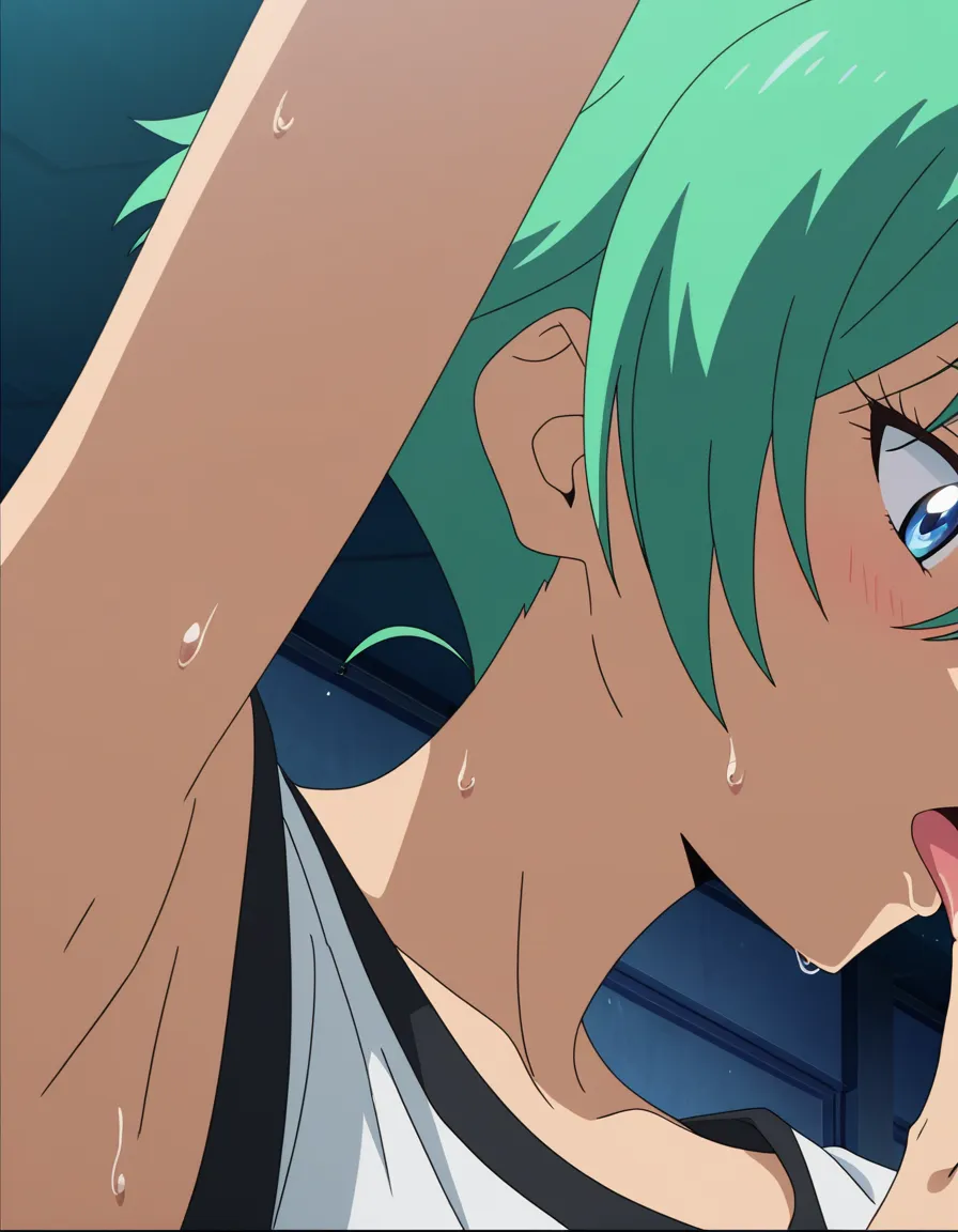 armpits sweat licking, (anime style:1.3), 2d, anime screencap, cel shading, flat color