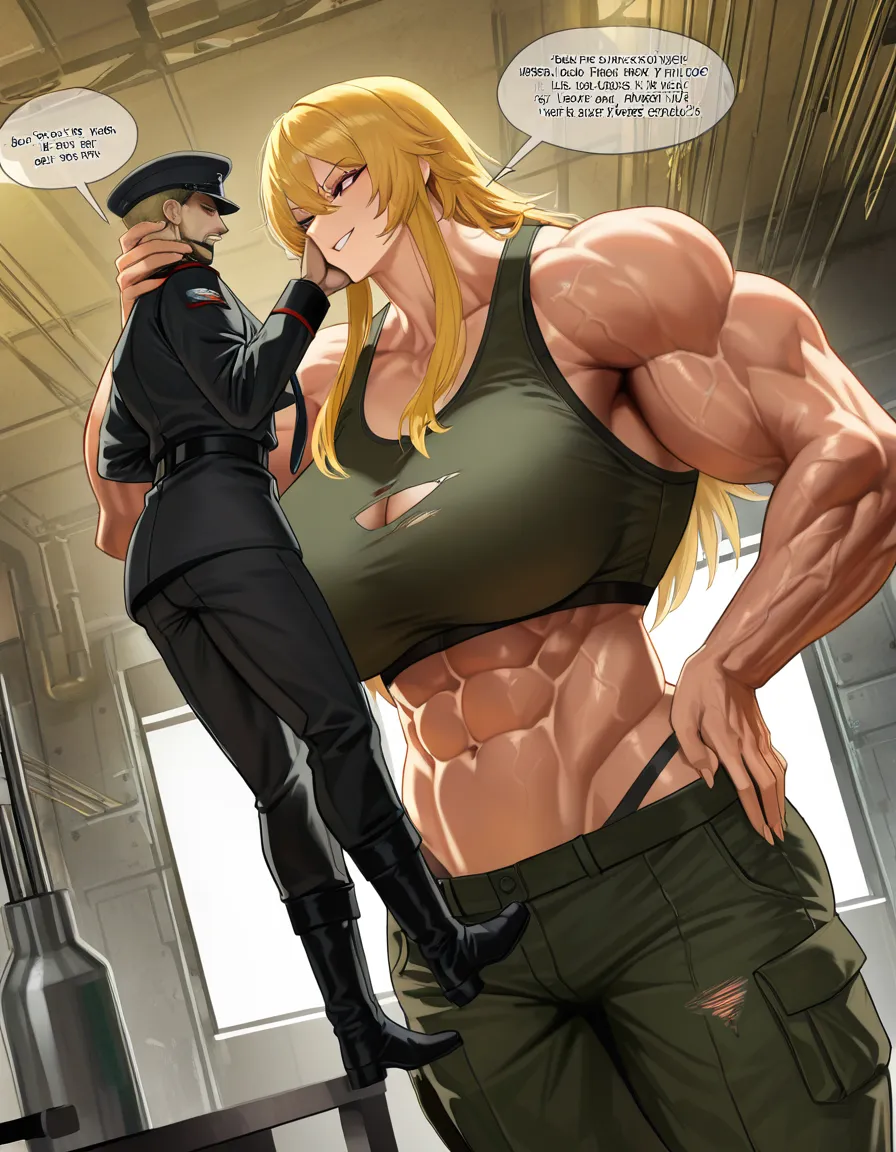 Giant muscular_female, petite mature_male , extreme size_difference, huge height_difference, physical domination, female torn_clothes crop_top underwear, female veins, female blonde_hair short_hair_with_long_locks , thin male military_uniform , military lab , science_fiction , femdom, throat grab lift, female carrying male high, hand_on_another's_head, aggressive female, pinned male against_wall, confident female, angry female looking_down , female talking, nervous blush male looking_up , breast_press, male black medium_hair, female abs, female big biceps, female big shoulders, female thick_thighs, female huge_ass, female wide_hips, huge_breasts, female pectoral_cleavage, male narrow_waist, male stubble, domination, eye_contact, female crushing male, destruction, aged_up, /masterpiece, hentai_studio_quality
