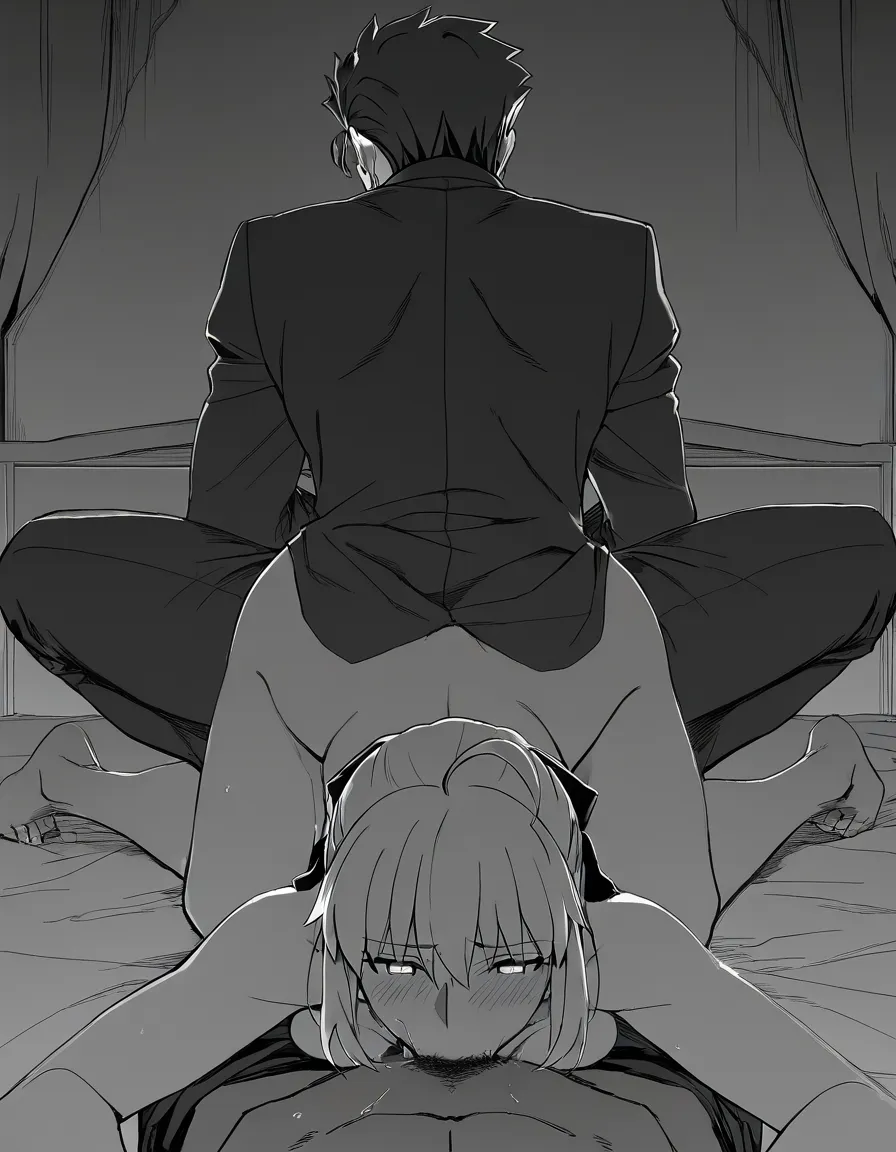 (masterpiece, best quality, ultra-detailed, 8k resolution, full color), a scene where a woman—her cheeks flushed and wearing a look of displeasure—kneels before a dominant man who sits on the edge of a bed with his legs spread, performing fellatio on him; Fate/stay night, official art style, 1 woman (Saber/Artoria Pendragon), 1 man (Lancer/Cú Chulainn), detailed character features, cel-shading, sharp focus, sound effects, speech bubbles, Japanese text, motion lines, speed lines, set in a man's bedroom on his bed, natural lighting, deep shadow, hentai_studio_quality