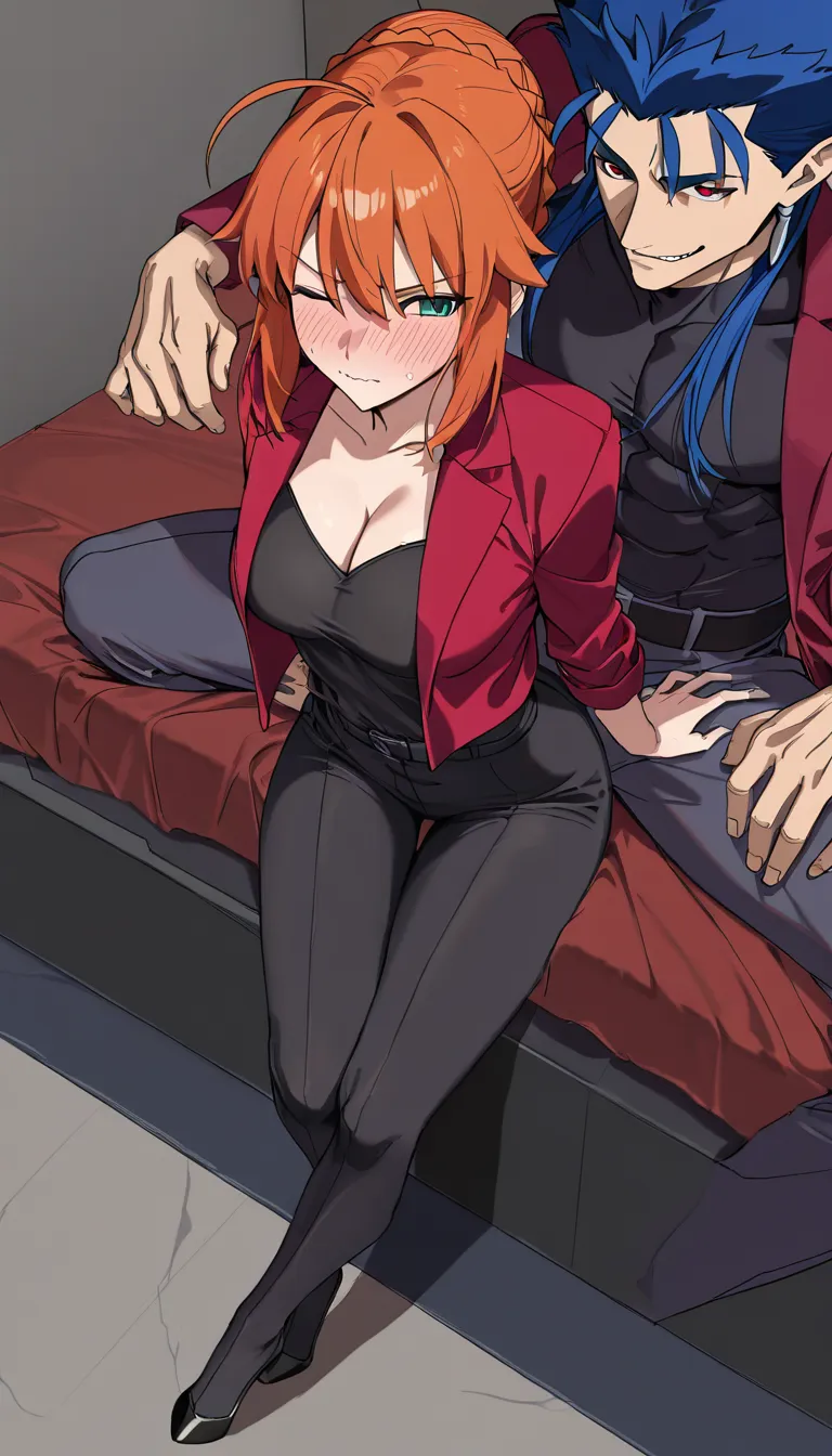 (masterpiece, best quality, ultra-detailed, 8k resolution, full color, rich colors), 1 male (Cú Chulainn), smirking, sitting on the edge of the bed with his feet on the floor, legs spread; 1 female (Artoria Pendragon), looking embarrassed with flushed cheeks, kneeling before the male. Panel 1: performing fellatio on the male. Panel 2: performing intense fellatio. Panel 3: climaxing inside her mouth (internal ejaculation). Panel layout, 3 panels, Fate/stay night, official art style, detailed character appearances, cel-shading, sharp focus, sound effects, speech bubbles, Japanese text, motion lines, speed lines, set in the man's bedroom, natural lighting, deep shadows., hentai_studio_quality