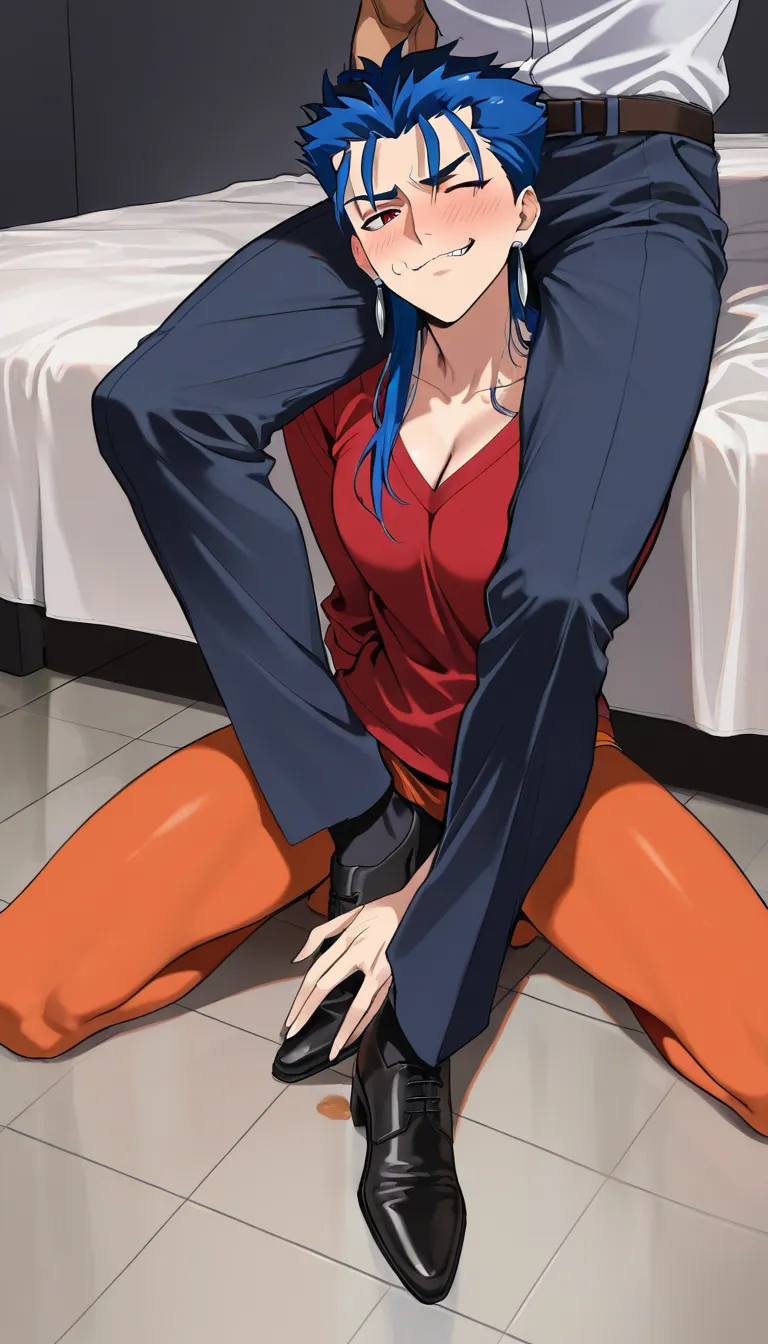 (masterpiece, best quality, ultra-detailed, 8k resolution, full color, rich colors), 1 male (Cú Chulainn), smirking, sitting on the edge of the bed with his feet on the floor, legs spread; 1 female (Saber), looking embarrassed with flushed cheeks, kneeling on the floor in front of the male; scene 1: performing fellatio on the male; scene 2: performing intense fellatio; scene 3: climaxing inside her mouth (oral ejaculation); panel layout, 3 panels, Fate/stay night, official art style, detailed character appearances, cel shading, sharp focus, sound effects, speech bubbles, Japanese text, motion lines, speed lines, set in the man's bedroom on his bed, natural lighting, deep shadows, hentai_studio_quality