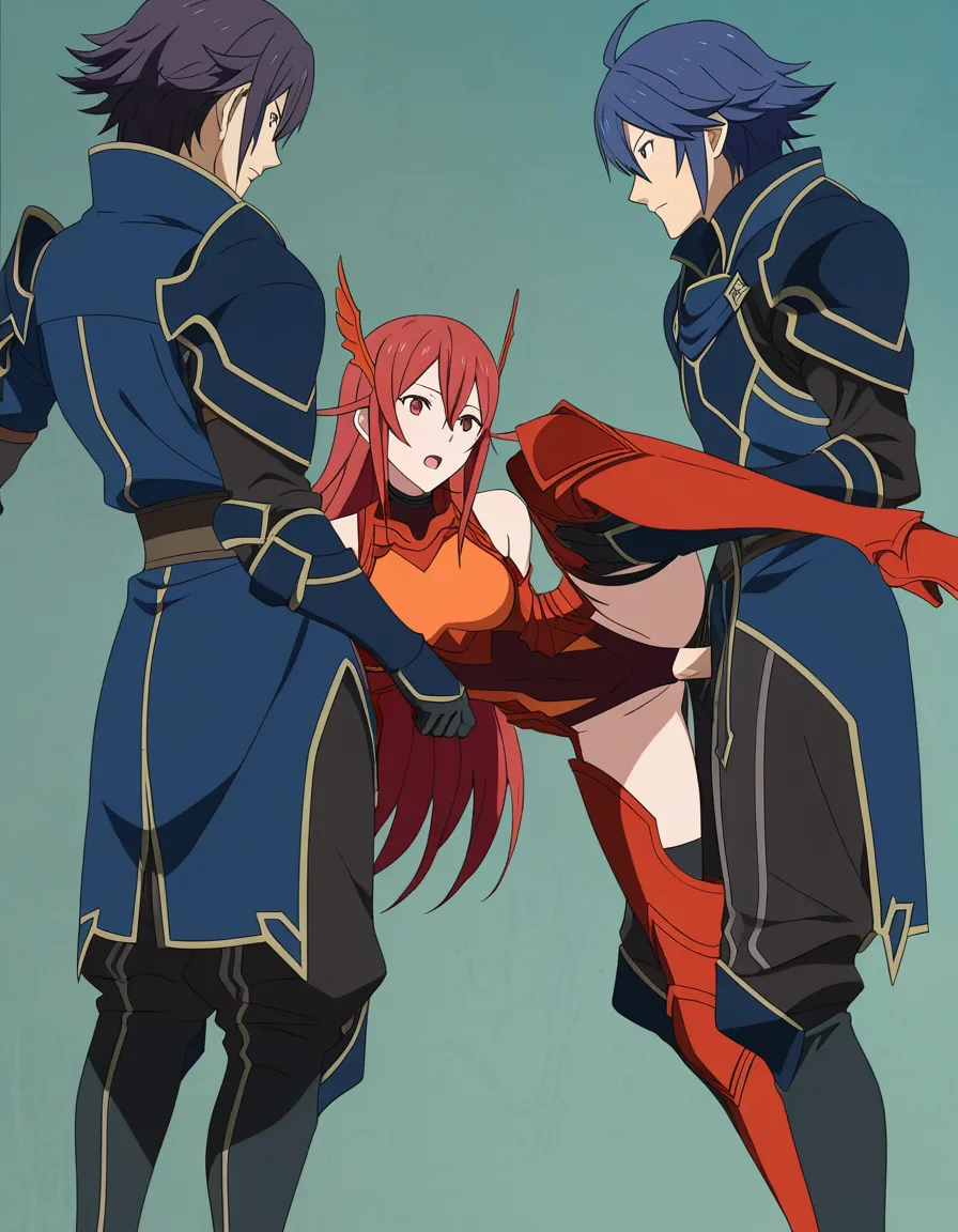 Cordelia from fire emblem awakening
1girl 2boys double_penetration standing_on_one_leg, (anime style:1.3), 2d, anime screencap, cel shading, flat color