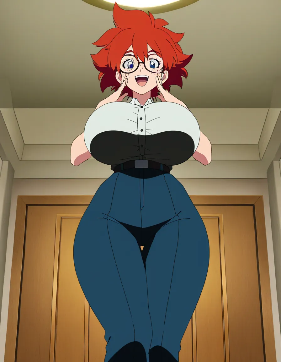 Enormous_breasts, short_red_hair, freckles, glasses, lace, tall, playful, looking_at_viewer, looking_down, view_from_below laughing, wide_hips, (anime style:1.3), 2d, anime screencap, cel shading, flat color, @00osamio00