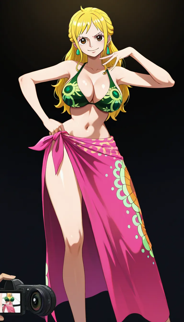 Robin from One Piece, Oda style, full_body, beautiful warm smile, gentle expression, standing, sexy pose, one hand on hip, facing camera, black background, a long coral-pink/salmon wrap skirt or sarong tied around her waist with a decorative green and yellow floral patterns along one side and a fringed/tassel-like hem and a massive front slit revealing her naked pussy, a fitted dark-blue short-sleeved jacket completely open with a high collar and the sleeves slightly rolled at the edges, big breasts and nipples exposed, pussy exposed, Red-coral high-heeled pumps with pointed toes, orange tinted sunglasses on top of head, score_9, score_8, 3d render, octane render, subsurface scattering, ray tracing, smooth shading