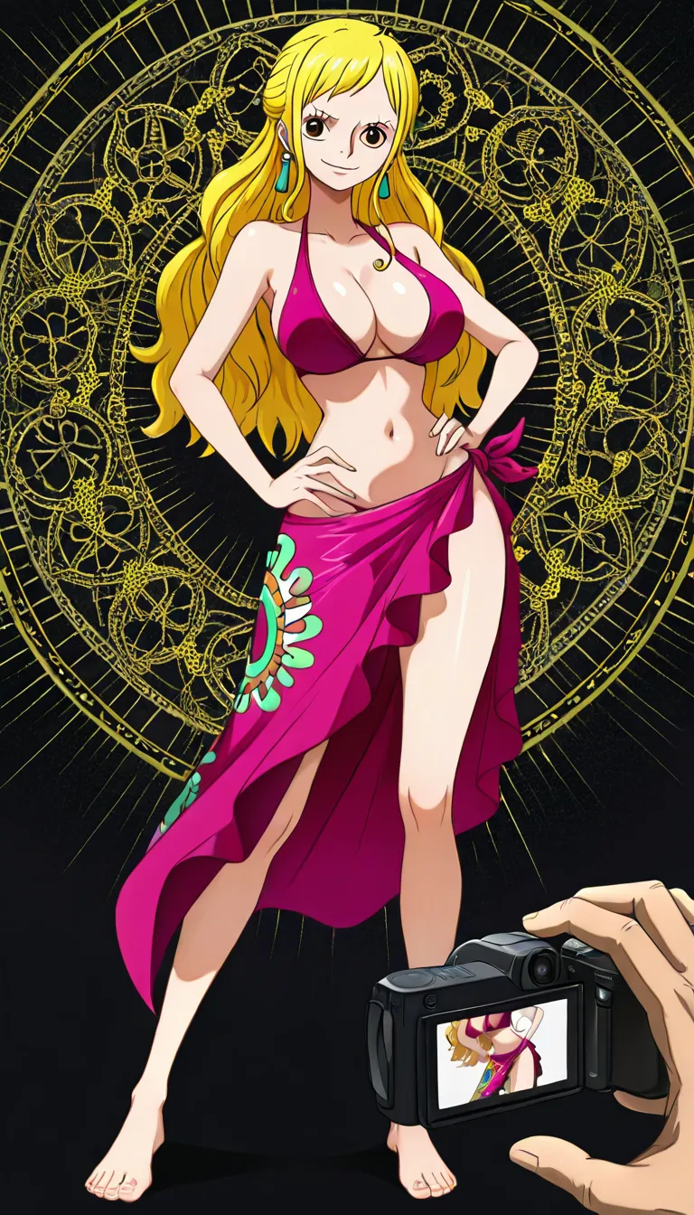 Robin from One Piece, Oda style, full_body, beautiful warm smile, standing, sexy pose, one hand on hip, facing camera, black background, a long coral-pink/salmon wrap skirt or sarong tied around her waist with a decorative green and yellow floral patterns along one side and a fringed/tassel-like hem and a massive front slit revealing her naked pussy, a fitted dark-blue short-sleeved jacket completely open with a high collar and the sleeves slightly rolled at the edges, big breasts and nipples exposed, pussy exposed, Red-coral high-heeled pumps with pointed toes, orange tinted sunglasses on top of head, (anime style:1.3), 2d, anime screencap, cel shading, flat color, @00osamio00