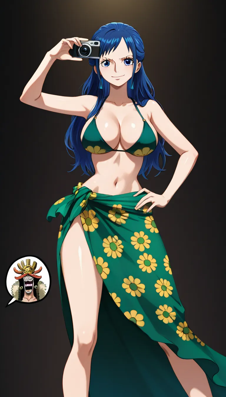 Robin from One Piece, Oda style, full_body, beautiful warm smile, gentle expression, blue eyes, standing, sexy pose, one hand on hip, facing camera, black background, a long coral-pink/salmon wrap skirt or sarong tied around her waist with a decorative green and yellow floral patterns along one side and a fringed/tassel-like hem and a massive front slit revealing her naked pussy, a fitted dark-blue short-sleeved jacket completely open with a high collar and the sleeves slightly rolled at the edges, breasts and nipples exposed, pussy exposed, orange tinted sunglasses on top of head, Red-coral high-heeled pumps with pointed toes, (anime style:1.3), 2d, anime screencap, cel shading, flat color, @00osamio00