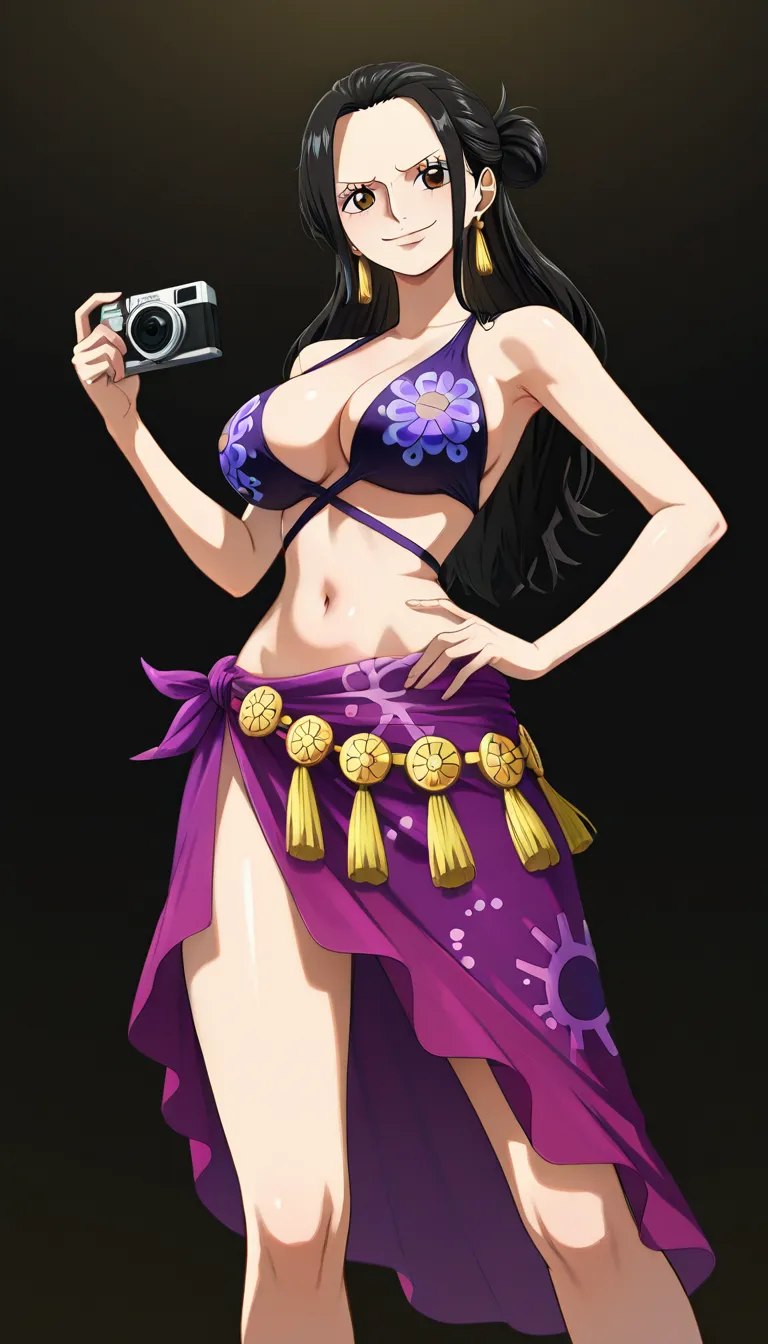 Robin from One Piece, Oda style, full_body, beautiful warm smile, gentle expression, standing, sexy pose, one hand on hip, facing camera, black background, a long coral-pink/salmon wrap skirt or sarong tied around her waist with a decorative green and yellow floral patterns along one side and a fringed/tassel-like hem and a massive front slit revealing her naked pussy, a fitted dark-blue short-sleeved jacket completely open with a high collar, breasts and nipples exposed, pussy exposed, orange tinted sunglasses on top of head, Red-coral high-heeled pumps with pointed toes, (anime style:1.3), 2d, anime screencap, cel shading, flat color, @00osamio00